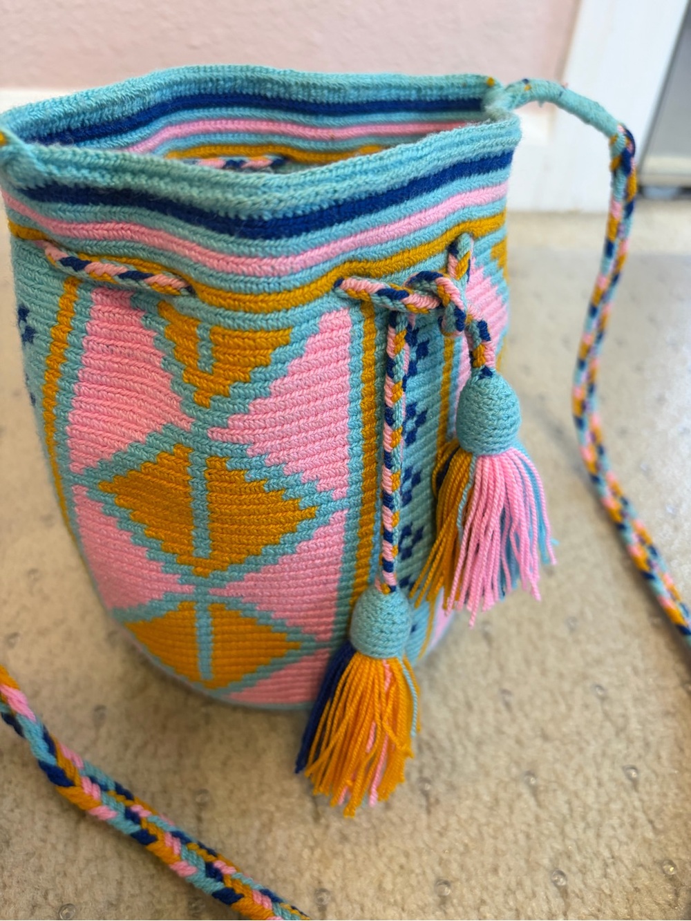 Authentic Handmade Wayuu Mochila Colombian Crochet Bucket Crossbody Bag Pink